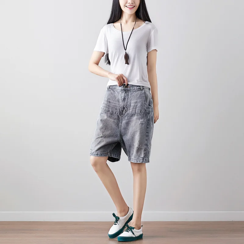 New classic all matched short women pants washed hole plus size loose wide leg harem pant vintage casual five points tide pants
