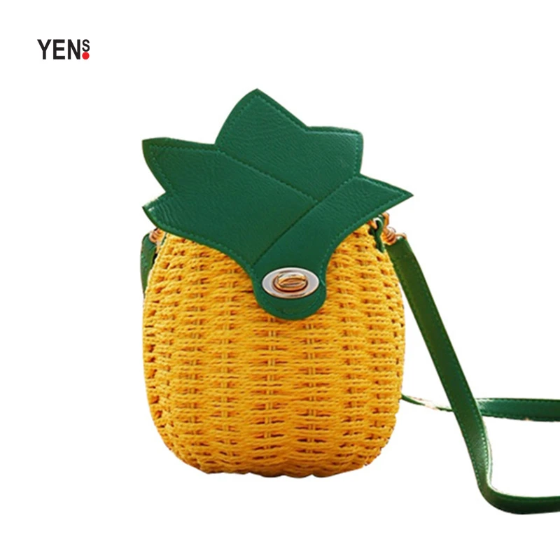 Women Pineapple Handbags Straw Weave Designer Female Shoulder Bags Ladies Clutches Tote L13 H20 W9cm 