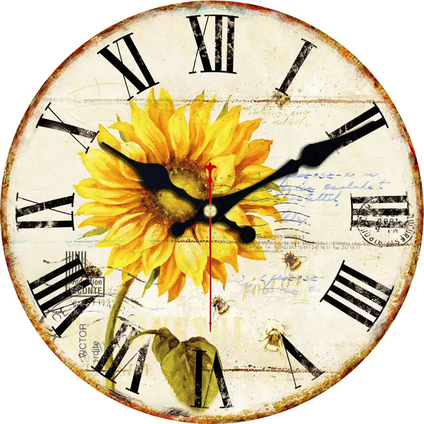 Настенные часы с подсолнухами, римские часы с деревянным каркасом, часы в средиземноморском стиле для домашнего декора, винтажные часы, не тикающий звук