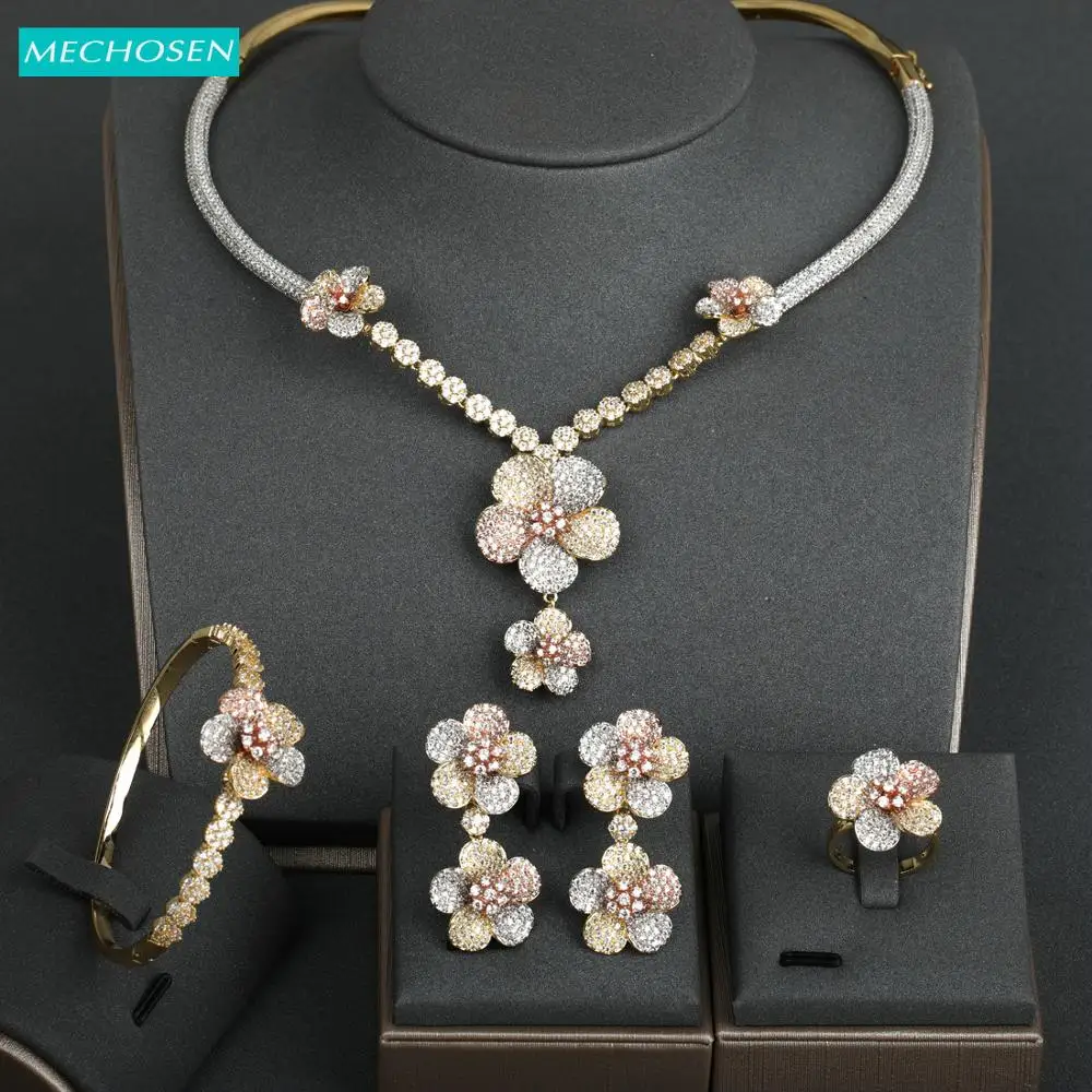 

MECHOSEN Elegant Dubai Style Multicolor Accessories Flower CZ Zircon Bangle Earrings 4PCS Set For Women Party Bride Wedding Gift