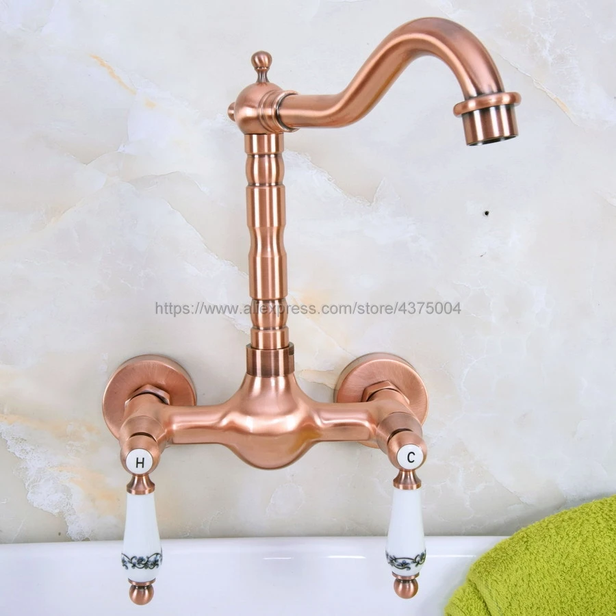 Antique Red Copper Wall Mounted Kitchen Bathroom Sink Faucet Dual Handle Swivel Spout Hot Cold Water Tap Nnf951