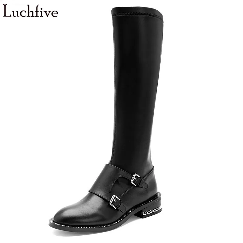 Autumn winter shoes women knight over the knee boots med heel double belt buckle metal chain decor long botas ankle boots Autumn winter shoes women knight over the knee boots med heel double belt buckle metal chain decor long botas ankle boots
