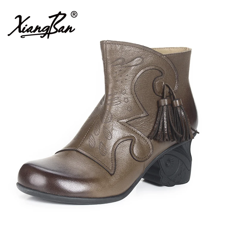 

Xiangban Vintage Fringed Boots Women Thick Heel Shoes Handmade Female Ankle Boots Sheepskin