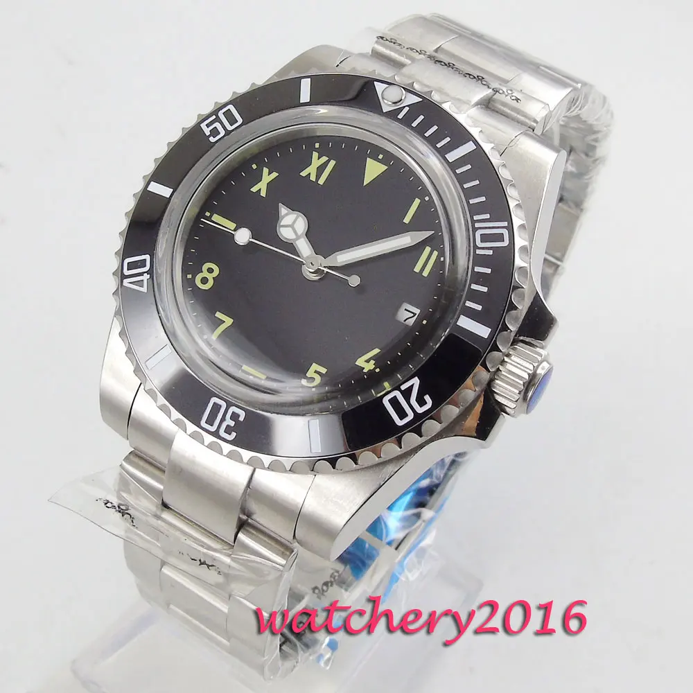 

NEW Arrive 40mm Black Sterile Dial Military Date Stainless steel Rotating Ceramic Bezel Automatic Mechanical Mens Watch Business