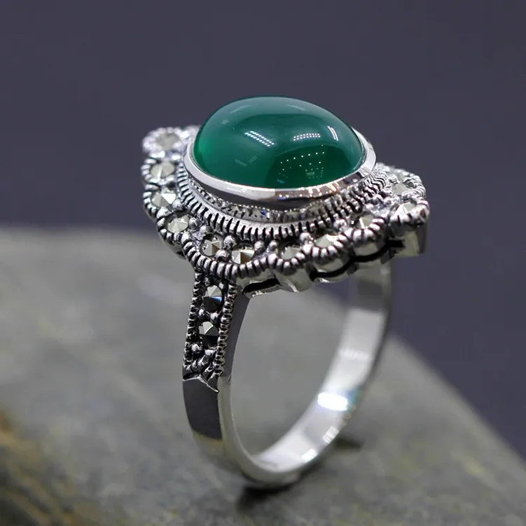 925 ювелирные изделия из серебра Винтаж зеленый натуральный камень тайский серебряный женский королевский ветер кольцо богатый