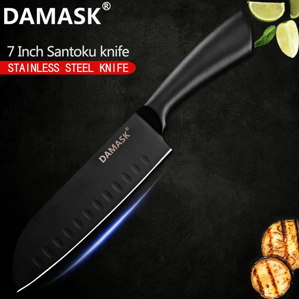 DAMASK наборы кухонных ножей из нержавеющей стали с высокой твердостью 3Cr13Mov японские кухонные ножи для чистки мяса Кливер кухонные принадлежности - Цвет: 7 inch Santoku