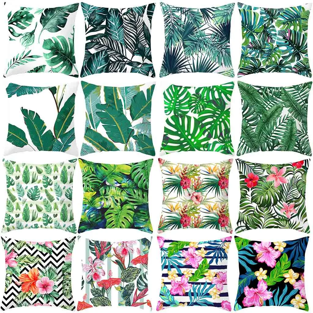 

Tropical Plants Palm Leaf Green Leaves cactus Cushion Covers Hibiscus Flower Cushion Cover Decorative Beige Linen Pillow Case