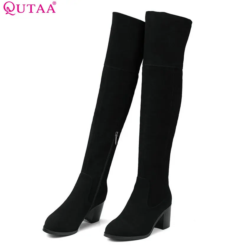 

QUTAA 2018 Women Over The Knee High Boots Zipper Design Fashion Round Toe Square High Heel High Quality Women Boots Size 34-39