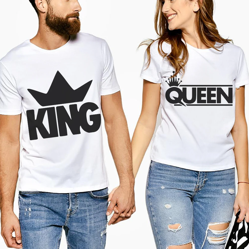 New Arrival Couple T Shirt For Lovers Husband And Wife Funny Letter King Queen Print Tee Shirts Tops White Men Women Valentin