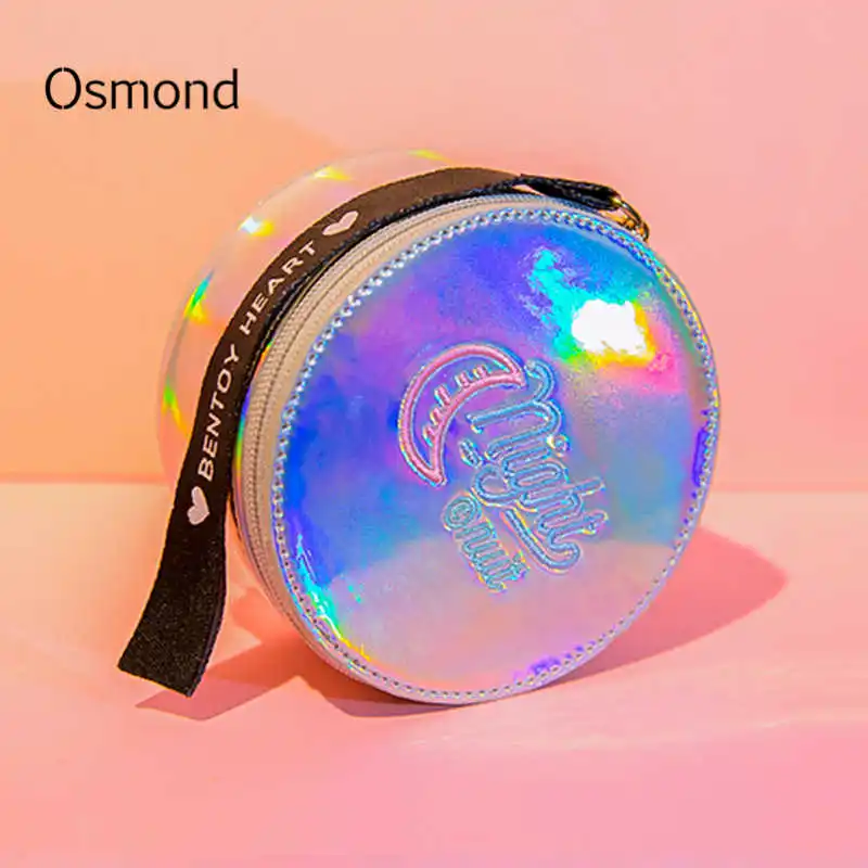 

Osmond Women Round Handbags Coin Wallets Makeup Brushes Bag Clutches Hologram Laser Evening Bags Cosmetics Box Circular Purse