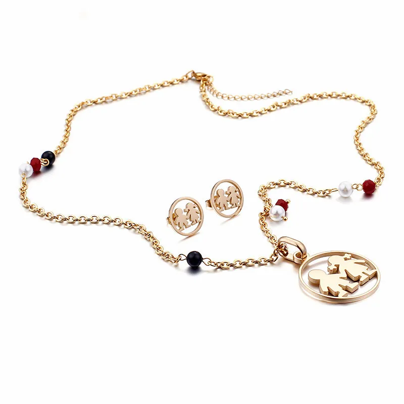 

Cute Cartoon Boy & Girl Pendant Necklace & Earrings Sets 316 Stainless Steel Sets For Kids/Women Jewelry Gift