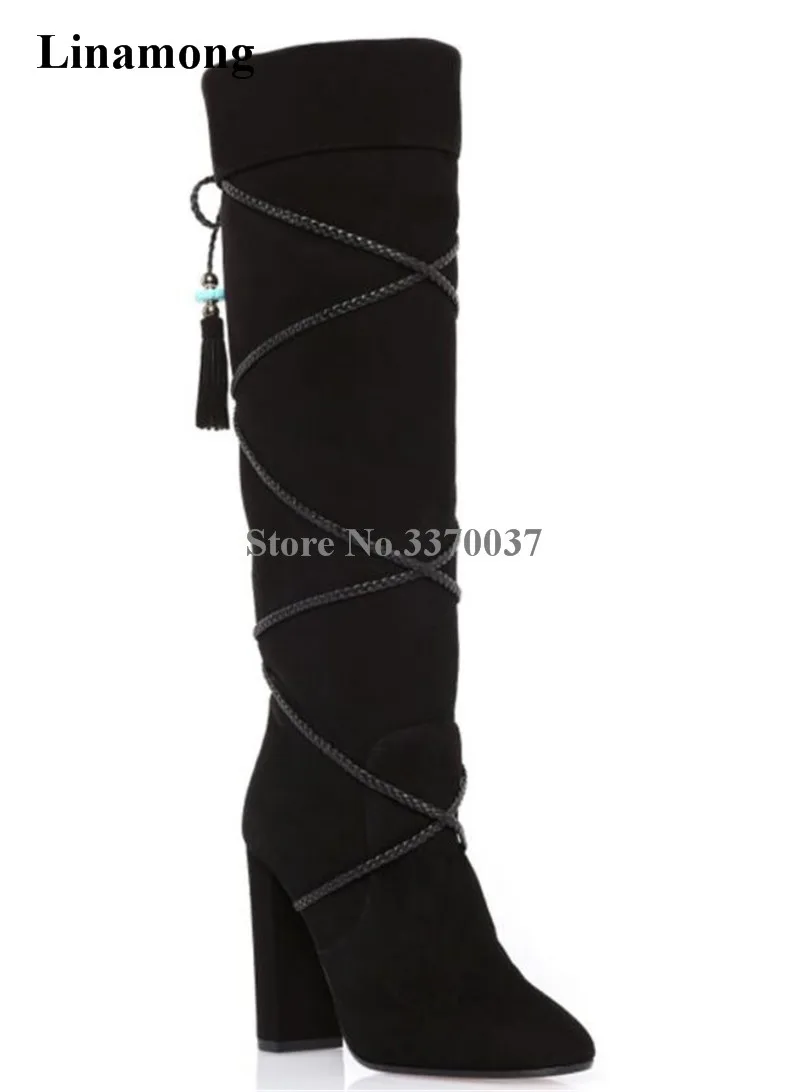 Botas A Alto Rodilla As Mano Cruz Alta Punta Tacón Largo as Picture Hechas Grueso Encaje De Gamuza Marca Picture Cuero Correa Borlas qaAzzO