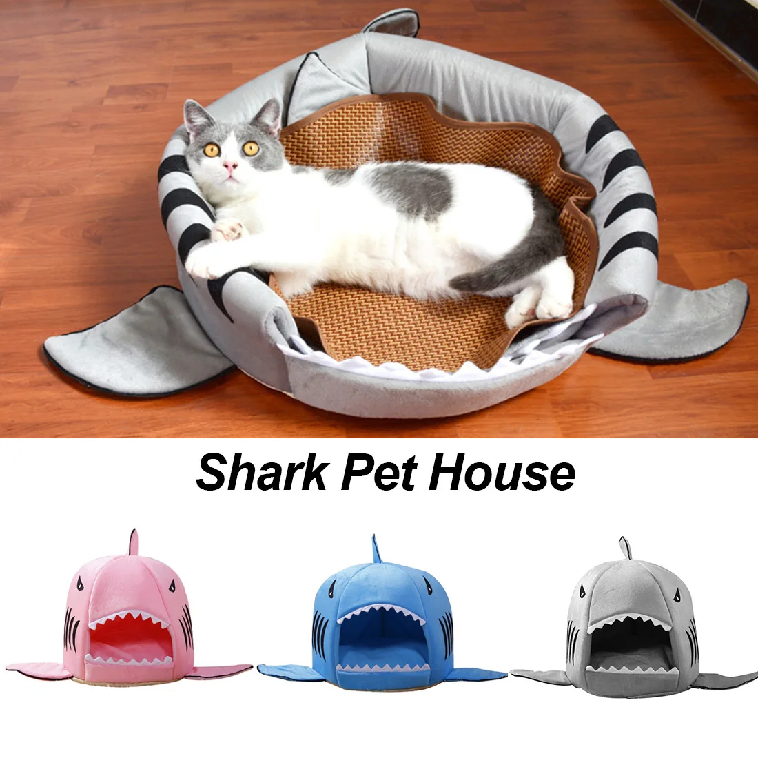

Pet Dog Cat Warm plush Bed Cartoon Shark Mouth Washable Sleeping house Puppy With Removable Cushion