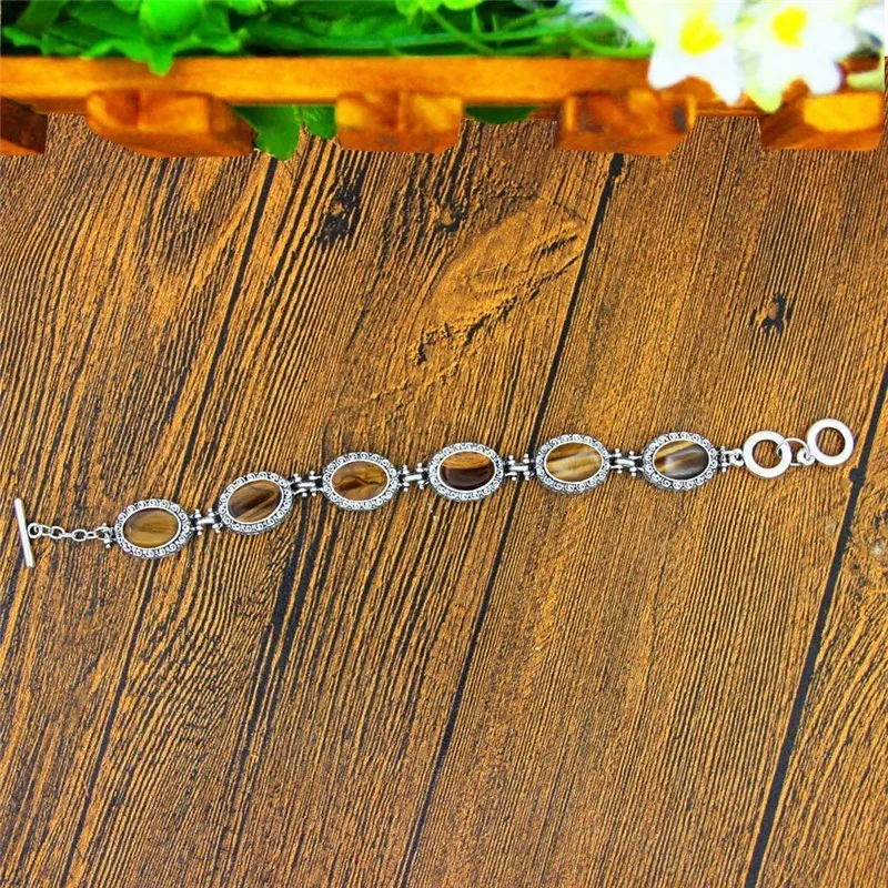 Oval Natural Tiger Eye Stone Bracelet For Women Snail Flower Antique Silver Plated Fashion Jewelry TB330