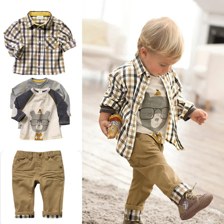 

New Fashion Kids Clothing spring autumn cartoon full sleeve coat boys grid tops jacket Pant 3 piecs set kids clothes Outfits