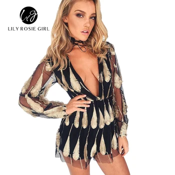Elegant 3d Embroidery Feather Sashes Jumpsuit Overalls Transparent Mesh Sleeves Playsuit Women Deep V Neck Black Sexy Rompers