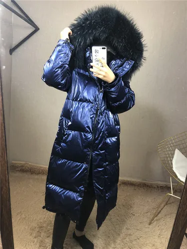 Tcyeek, зимние куртки для женщин, 90% белый утиный пух, светильник, парки+ Большие меховые пальто с капюшоном, длинный пуховик, теплая Повседневная плотная верхняя одежда, LW1005 - Цвет: Blueblue