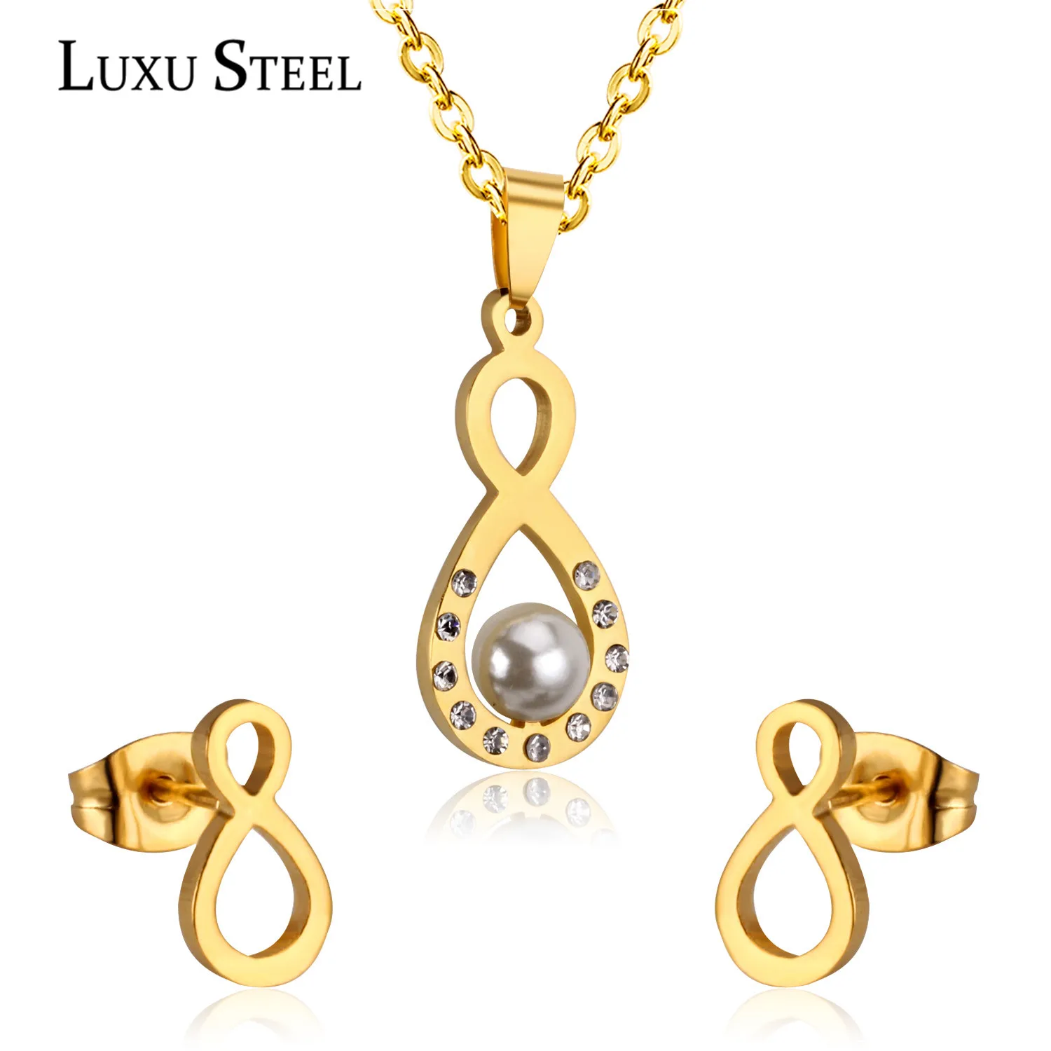 

LUXUSTEEL Infinity Necklace Sets With Imitation Pearl Stainless Steel Statement Jewelry Gold/Silver Collars Choker Wholesale