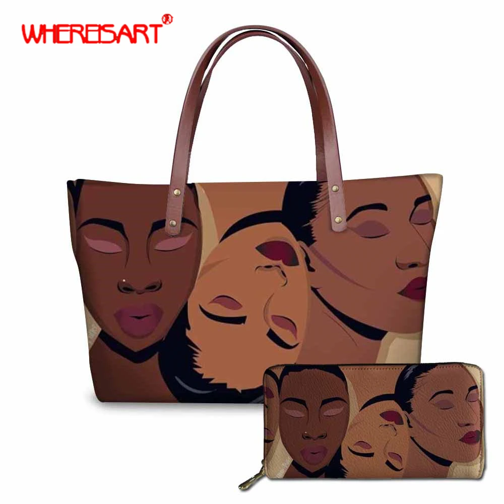 

WHEREISAR 2019 Woman Bag 2Pcs African Women Pattern PU Leather Handbag+Purse ladies Hand Bags Shopper Tote