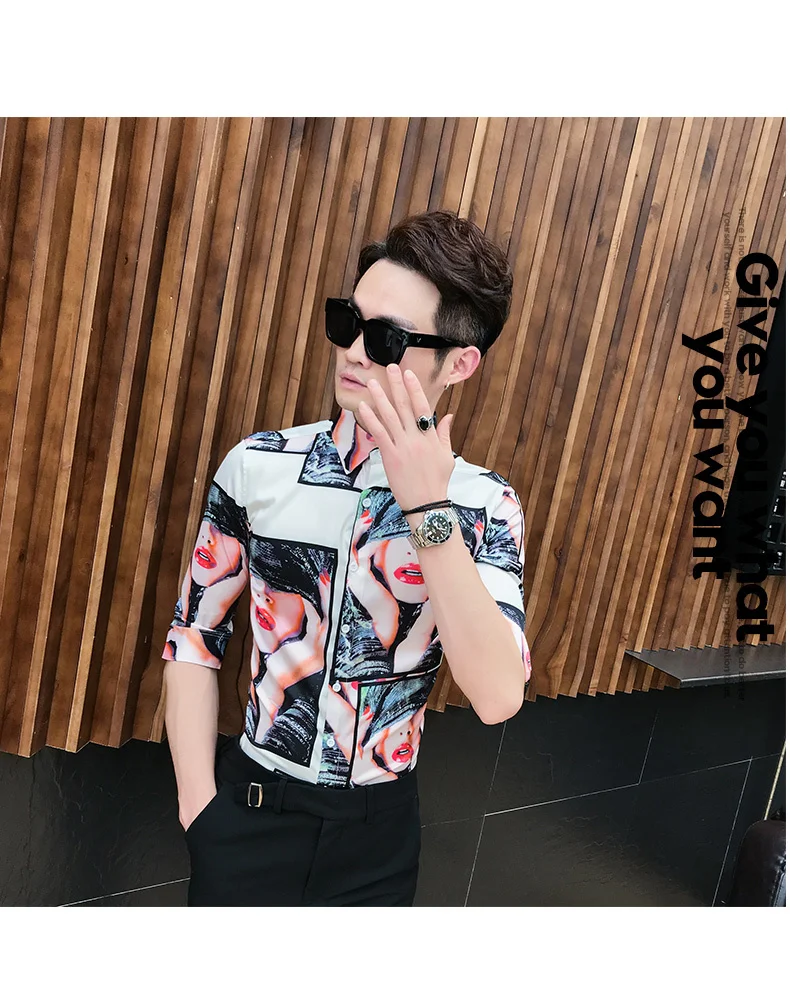 Корейский Смокинг Рубашка с длинным рукавом 2019 г. летняя простая Slim Fit Повседневное пикантные Красота рубашка с принтом Для мужчин ночной