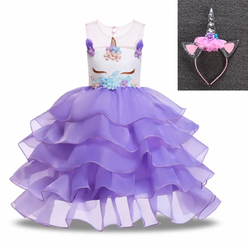 Вечерние платья в цветочек для девочек с единорогом; платье принцессы для малышей; костюм на год; Свадебные платья; костюм единорога на Хэллоуин - Цвет: Purple and headdress