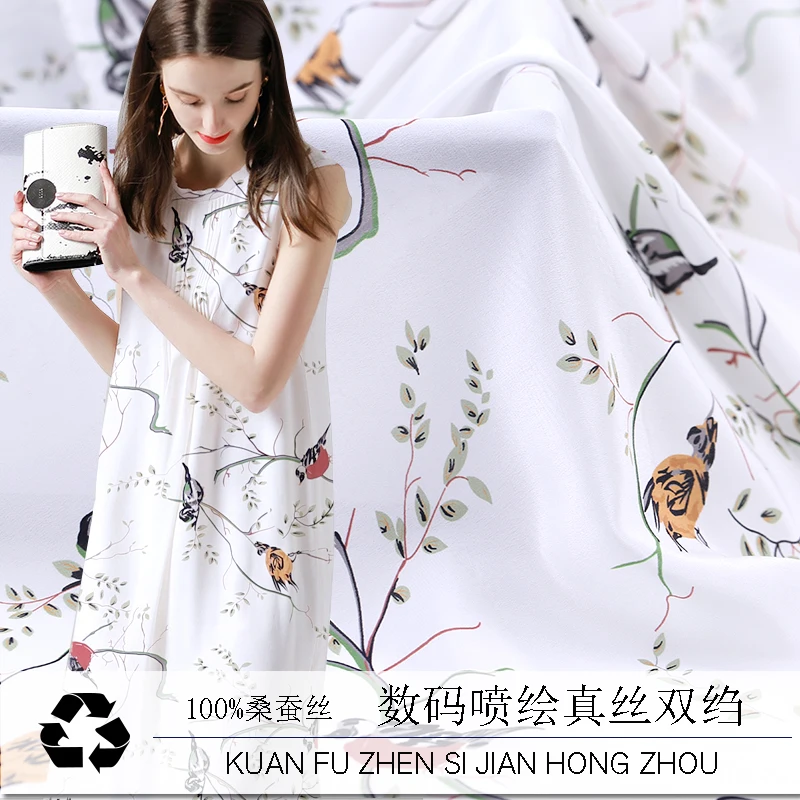

Bird summer thin silk crepe de Chine fabric digital printing drape silk dress fabric natural silk skirt shirt fashion cloth new