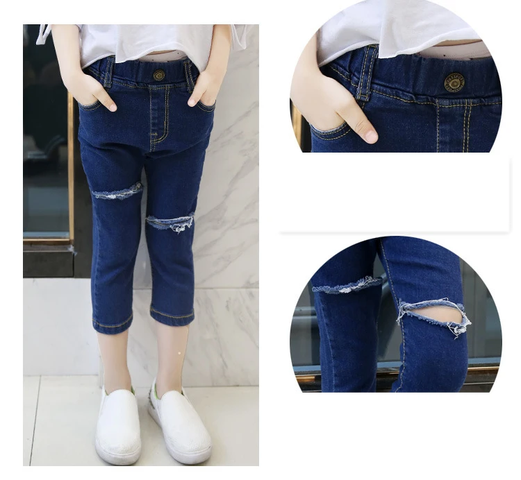 fashion 2018 children broken hole denim pants for big girls mid waist solid ripped jeans spring summer baby jeans kids clothing (9)