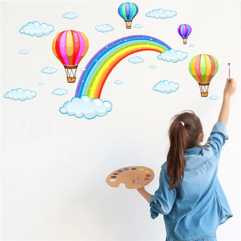 

1PCS Cartoon Rainbow Cloud Hot Air Balloon Wall Sticker for kids baby rooms decoration Mural Art Decals home decor 45*30CM