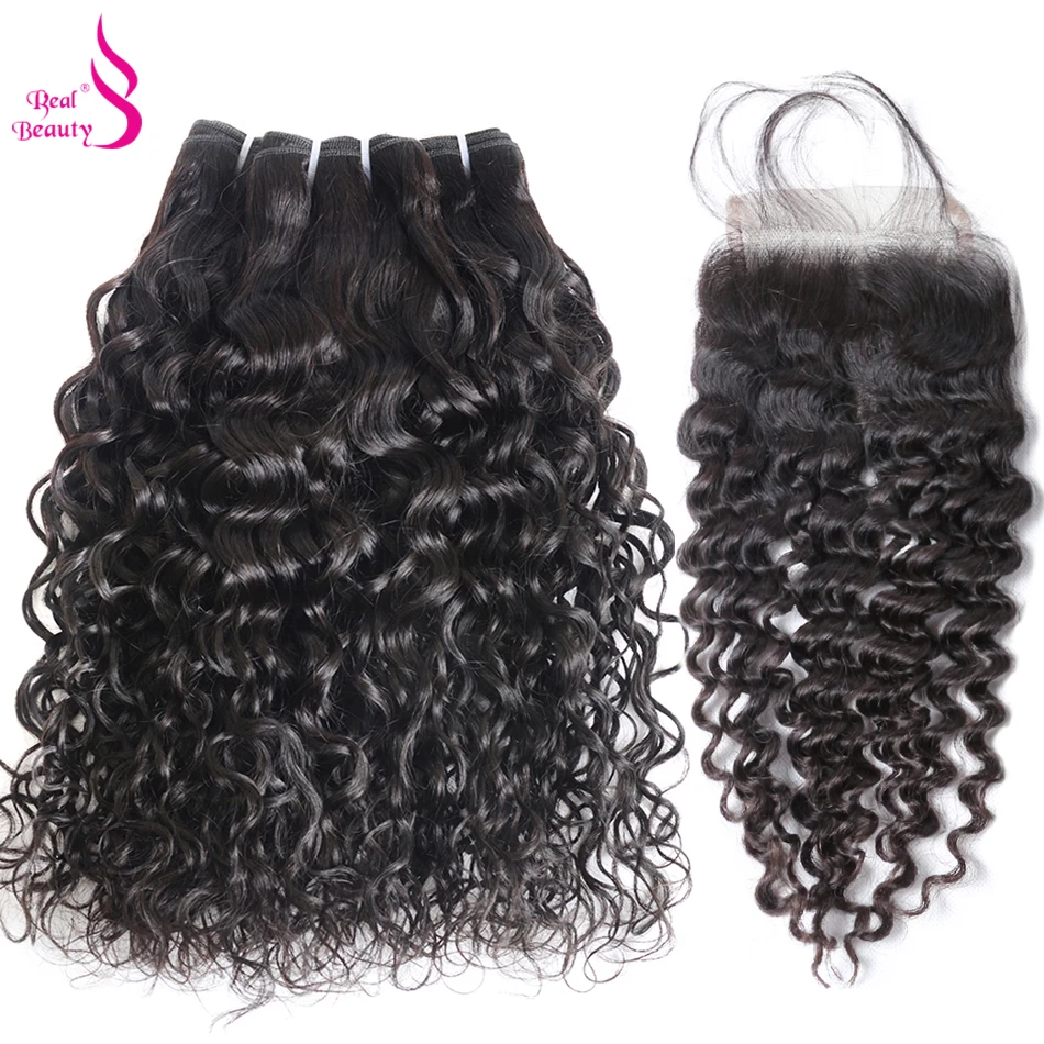3 Bundles Brazilian Water Wave With Lace Closure Real Beauty Human Hair Weave Bundles With Closure Remy Hair  (15)