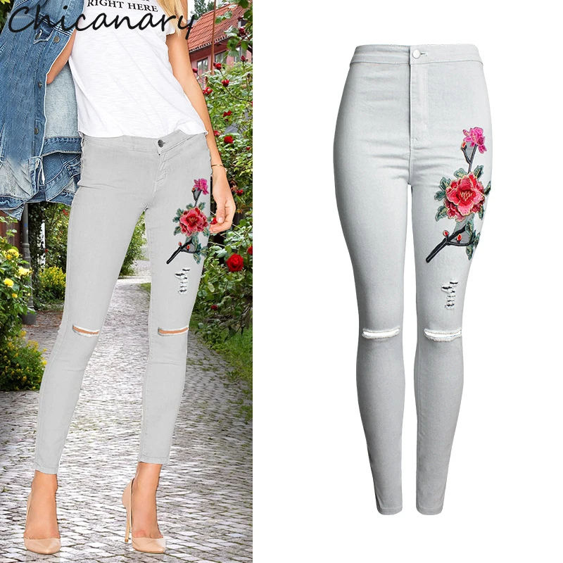 Chicanary Women High Waist Jeans 3D Embroidery Skinny Pants Jeans Knee Hole Female Pencil Pants Trousers