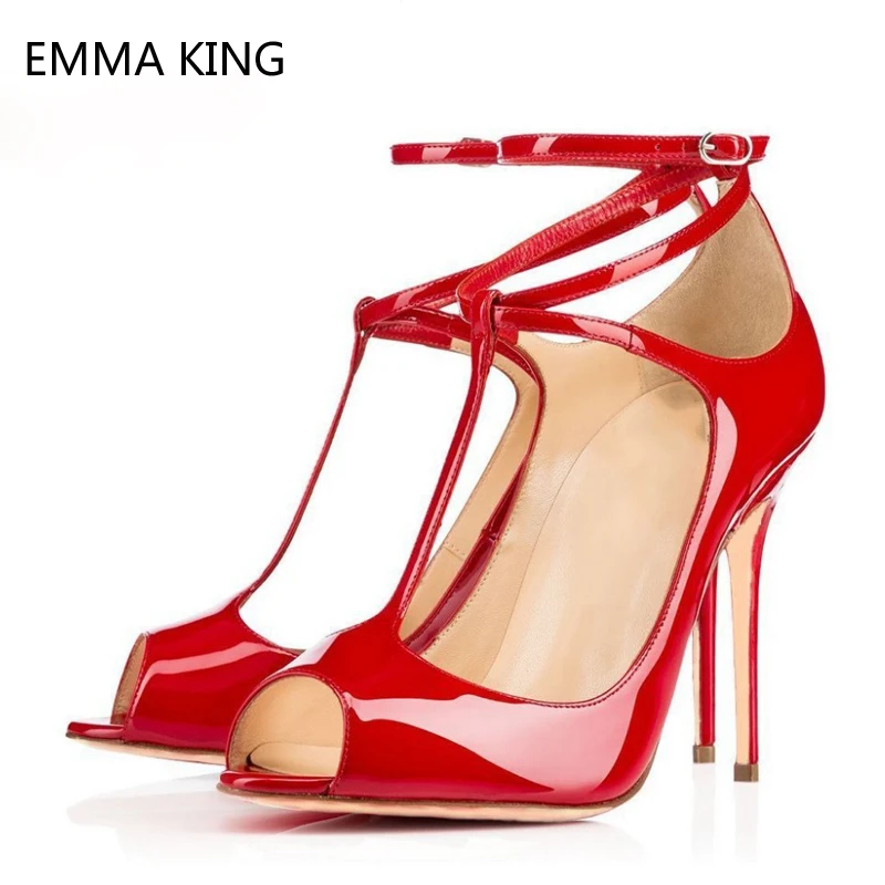 

Red Stiletto High Heels Ladies T-strap Open Toe Sandals Women Black Leather Strappy Dress Party Summer Shoes For Office Ladies