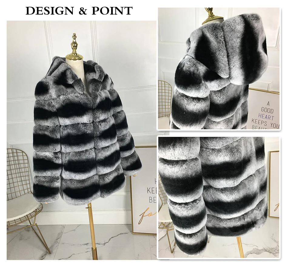 real rex rabbit fur coat short medium jacket warm for winter with fur hood