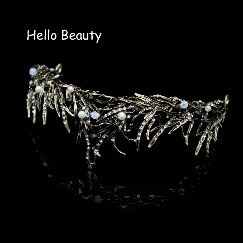  White Black Pearl Beads Baroque Vintage Prom Gold Tiara Wedding Leaf Branch Pageant Crystal Crown B