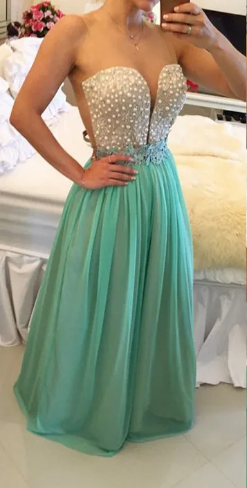 

2016 Tulle A-Line Prom Dresses Sweetheart neckline with pearls bodice and Sexy Sheer Back Prom Dresses