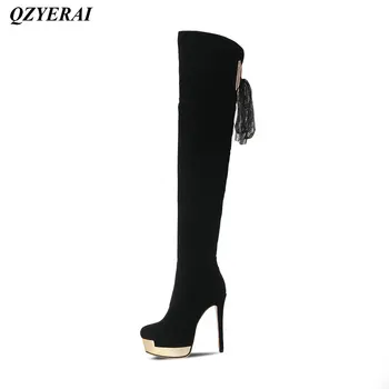 

QZYERAI Winter ladies high heels knees metal boots womens shoes womens boots