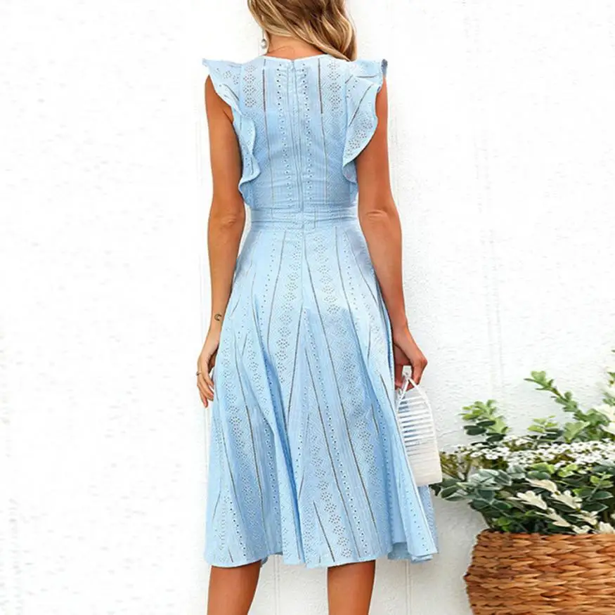 NEW Fashion Ruffled Zipper Irregular Dress Women Sexy Solid Sleeveless Round Neck Lace Dress Vetemen Femme