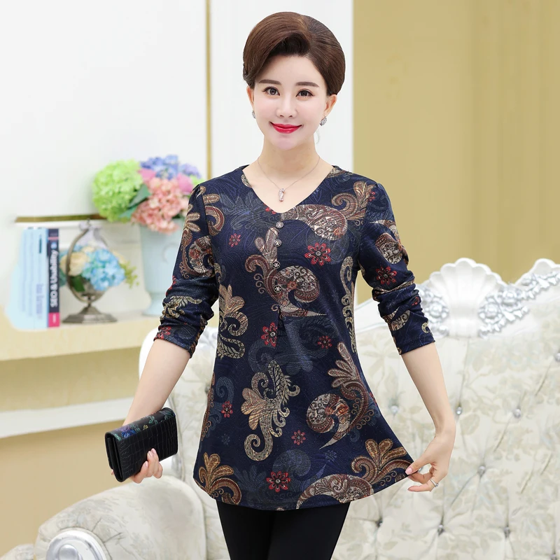 

Spring Fall Women Bottoming Shirt Long Sleeves T shirt Plus Size Middle Age Mother V-Neck Floral Printed Tops Tees Pullover
