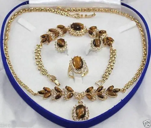 

Beautiful Tiger Eye Stone Necklace Bracelet Earring Ring Set^^^@^18K GP style Fine jewe Noble Natural jade