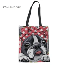 ELVISWORDS женские многоразовые льняные мешочки Бостон-терьер Печать Большая Холщовая Сумка на плечо для девочек повседневная хозяйственная сумка