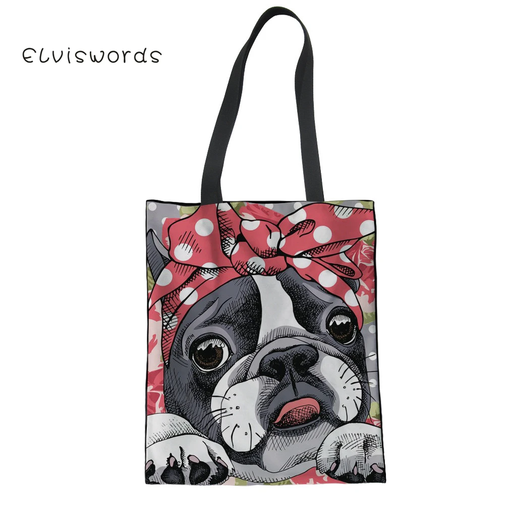 

ELVISWORDS Women Reusable Linen Bags Boston Terrier Printing Large Storage Canvas Shoulder Bag For Girls Causal Shopping Tote