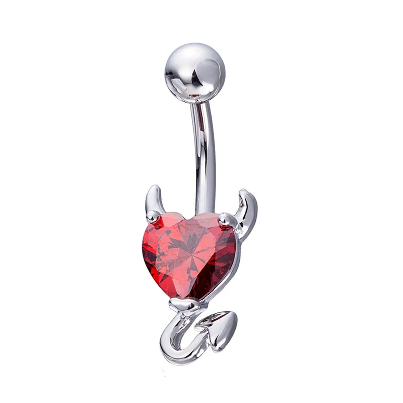 

Silver Color Stainless Steel Devil Horns Heart Navel Ring Sexy Red Crystal Navel Belly Button Bar Body Piercing Jewelry