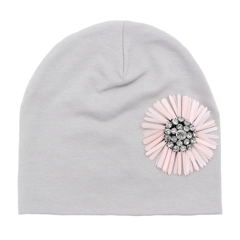 GZHilovingL/Детские шапки для девочек, для новорожденных, для маленьких девочек, для малышей, с цветочным рисунком, хлопковая мягкая розовая, белая шапка, шапка на весну, осень, зиму - Цвет: Grey 1