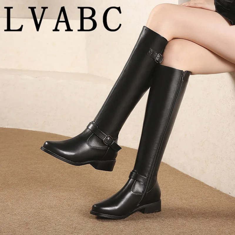 

LVABC 2018 New Winter PU Leather Women Knee-High Boots square Heel Round Toe Sexy Ladies Women Shoes Black Snow Motorcycle Boots