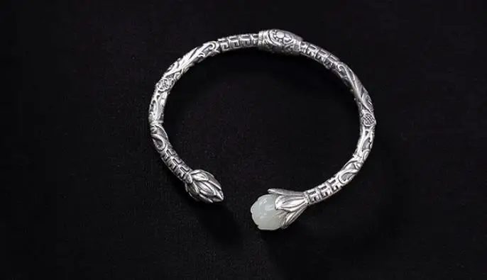 

JOOCHEER Sterling S925 925 silver Bangle lotus natural stone vintage ethnic bracelet