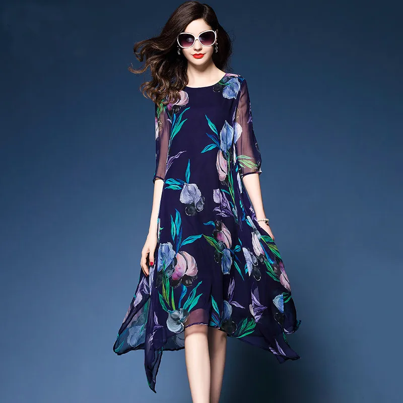 2018 New Silk Dress Spring Summer Floral Print Women Silk Dress Loose