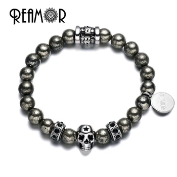 

REAMOR Rock Style Round Iron Pyrite Natural Stones Bracelet Stainless Steel Skull Head Beads Strand Bracelets for Men Jewelry