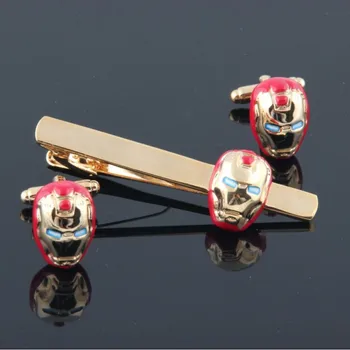 

10sets/lot red Iron Men Iron Man Ironman Superhero Cufflinks and Tieclip sets Copper Brass High Quality Cuff links and Tieclip