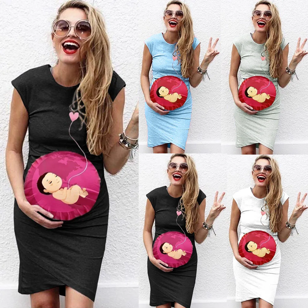 Платье для беременных Для женщин рукавов бинты Беременность Материнство платье мультфильм печати сексуальное платье жилет Беременность