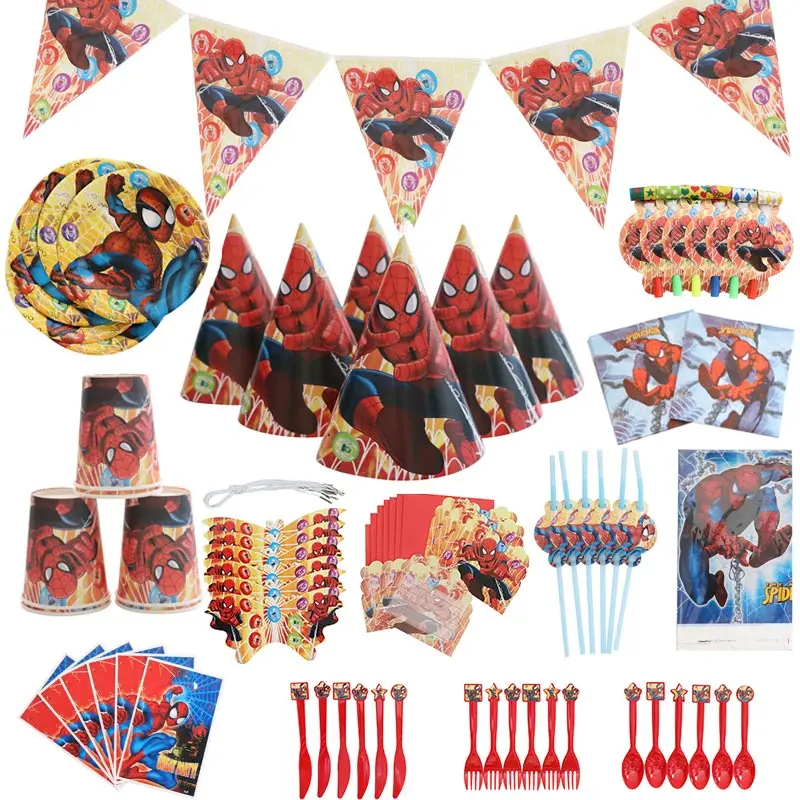 

1set happy birthday kids spiderman baby shower wedding festival party decoration set banner napkins straws cup plates suppliers