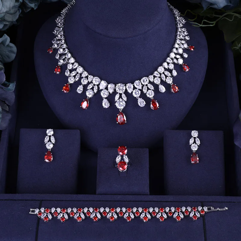 

jankelly Hotsale African Red Bridal Jewelry Sets New Fashion Dubai Necklace Sets For Women Wedding Party Accessories Design